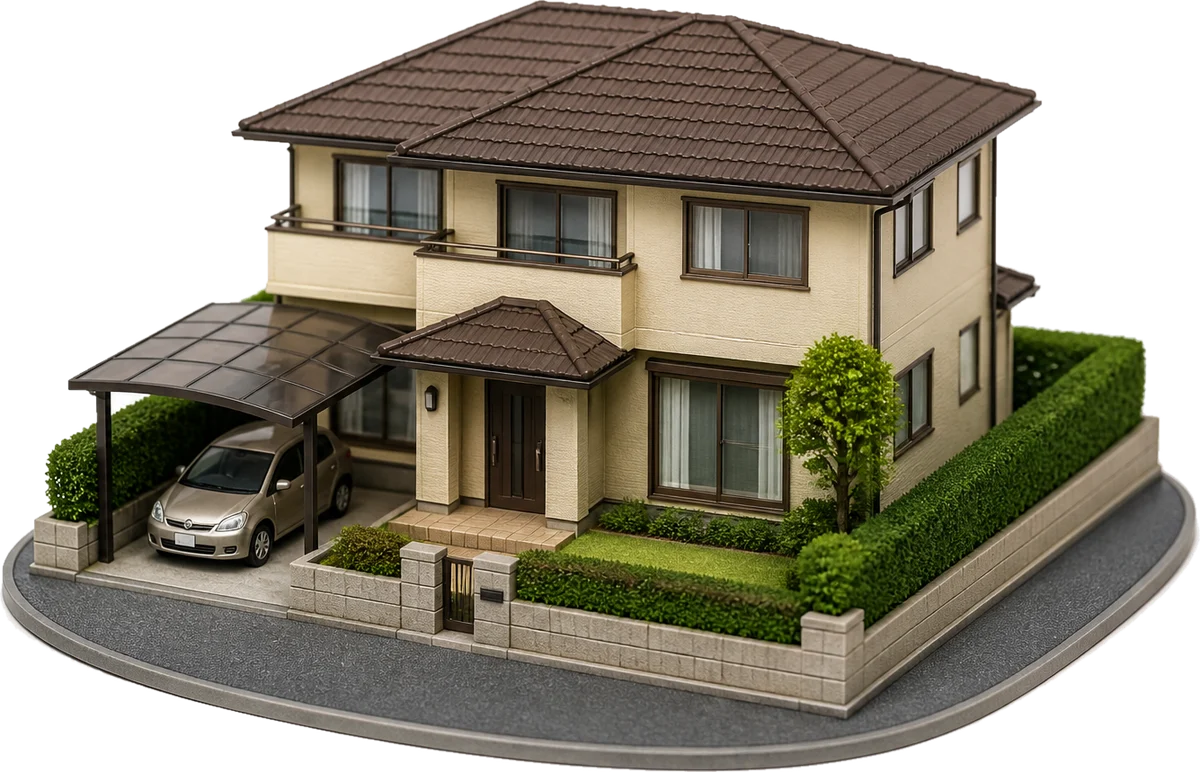 Miniature model of a 1990s Japanese suburban family home with a carport and clipped hedges