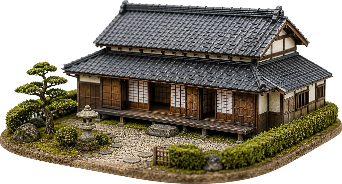 Miniature model of a traditional Japanese farmhouse with deep tiled eaves and a gravel garden