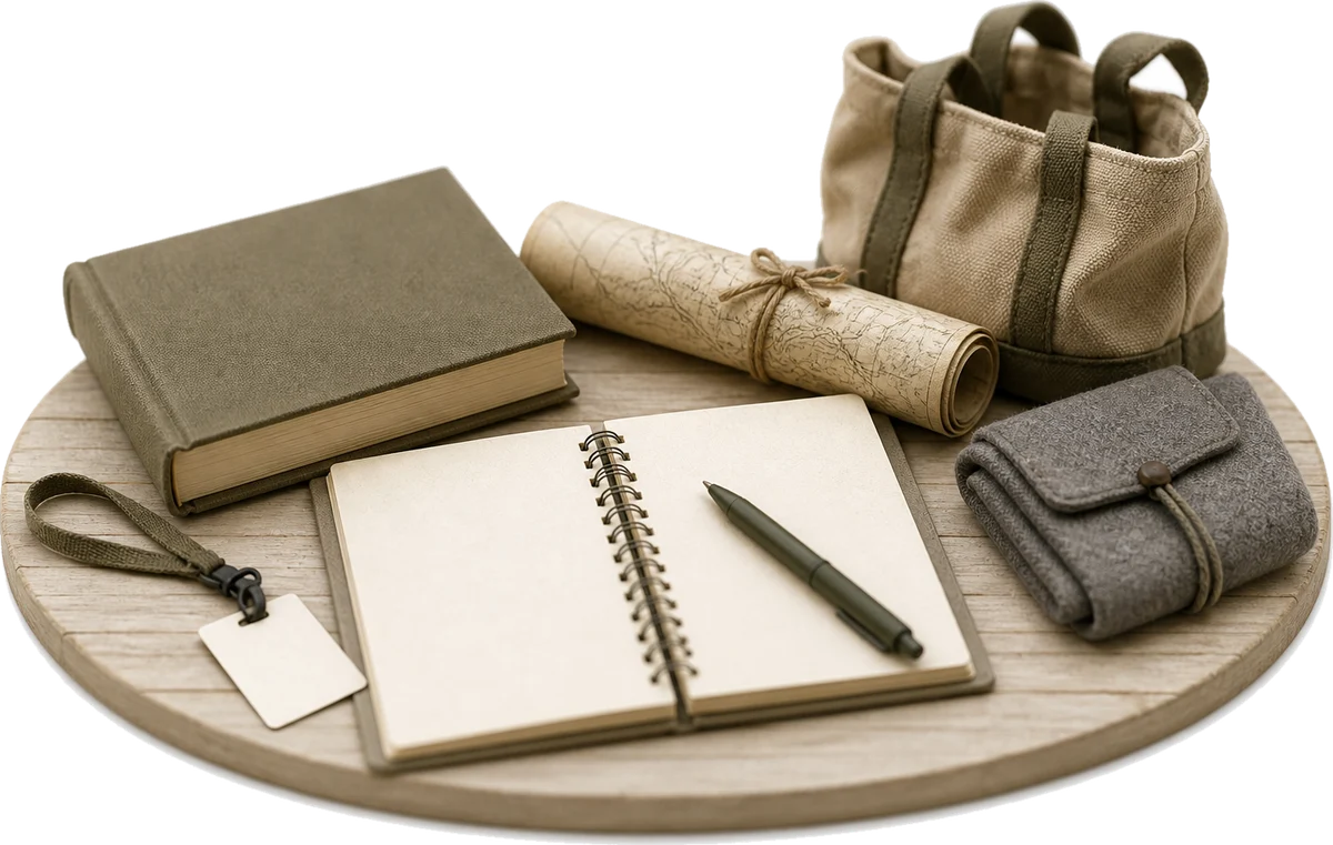 Miniature models of the printed materials that come with a ticket: an open guide, a bound handbook, a rolled map and a canvas bag