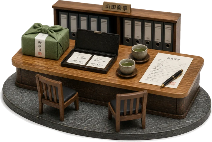 Miniature model of an office counter set for a first meeting: a wrapped omiyage gift, two business cards in a card case, two cups of tea and a stamped document