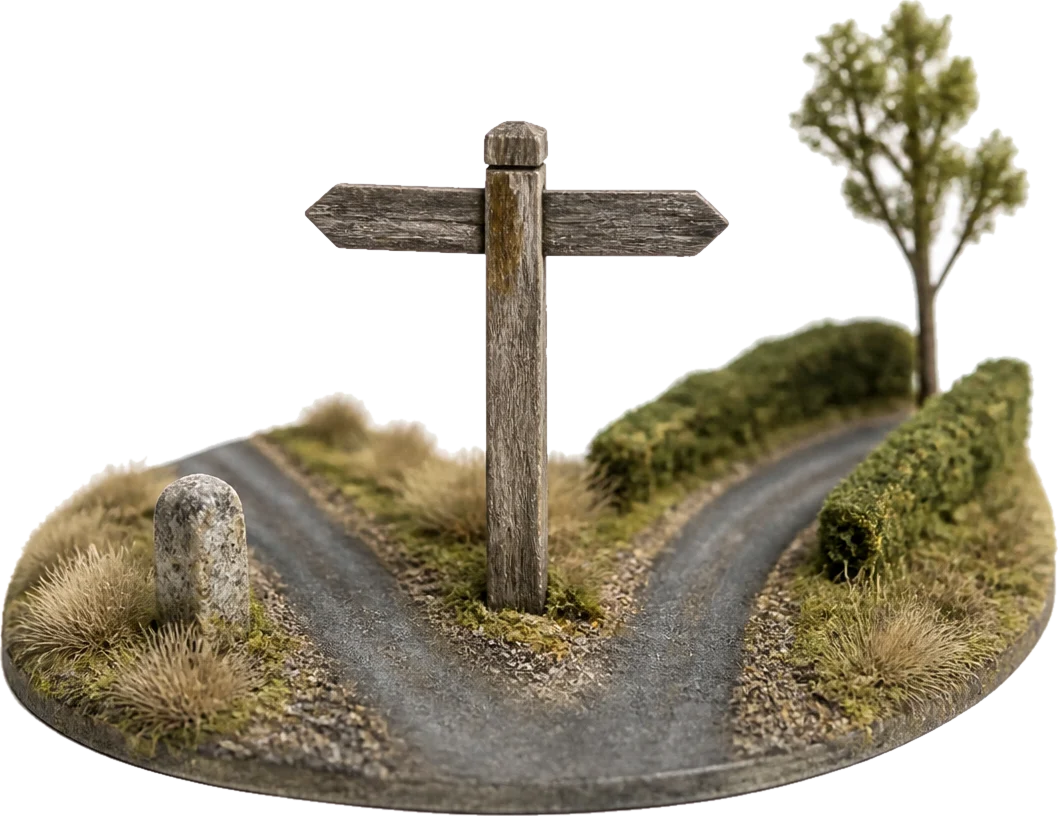 Miniature model of a blank wooden fingerpost standing where a country lane splits in two