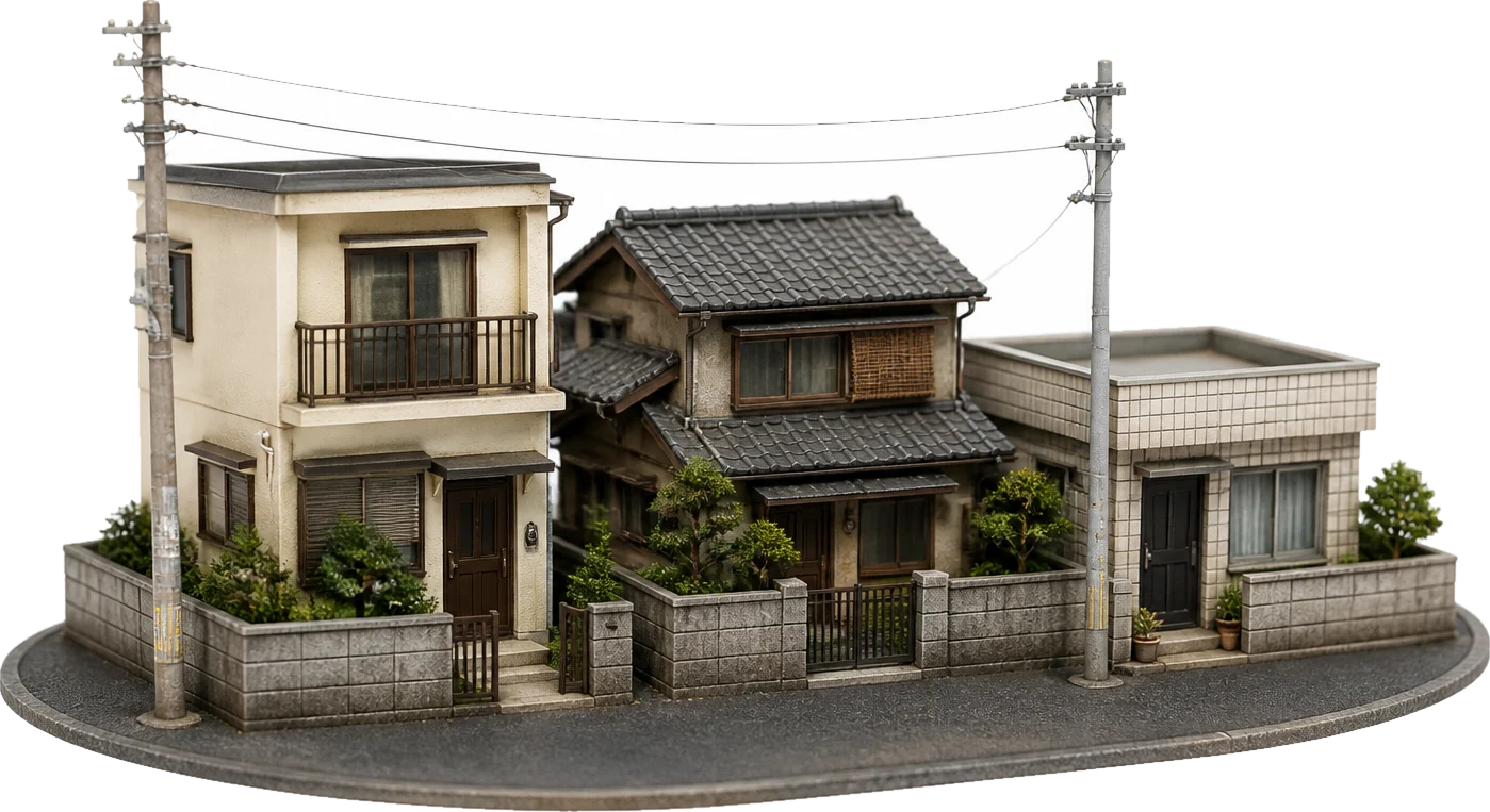 Miniature model of a Chiba residential street corner with three Japanese houses of different ages