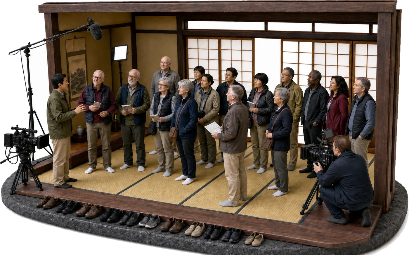 Miniature models of fifteen buyers in their forties, fifties and sixties standing in a tatami room in their socks, listening to a guide explain something, with film cameras and a boom microphone set up around them