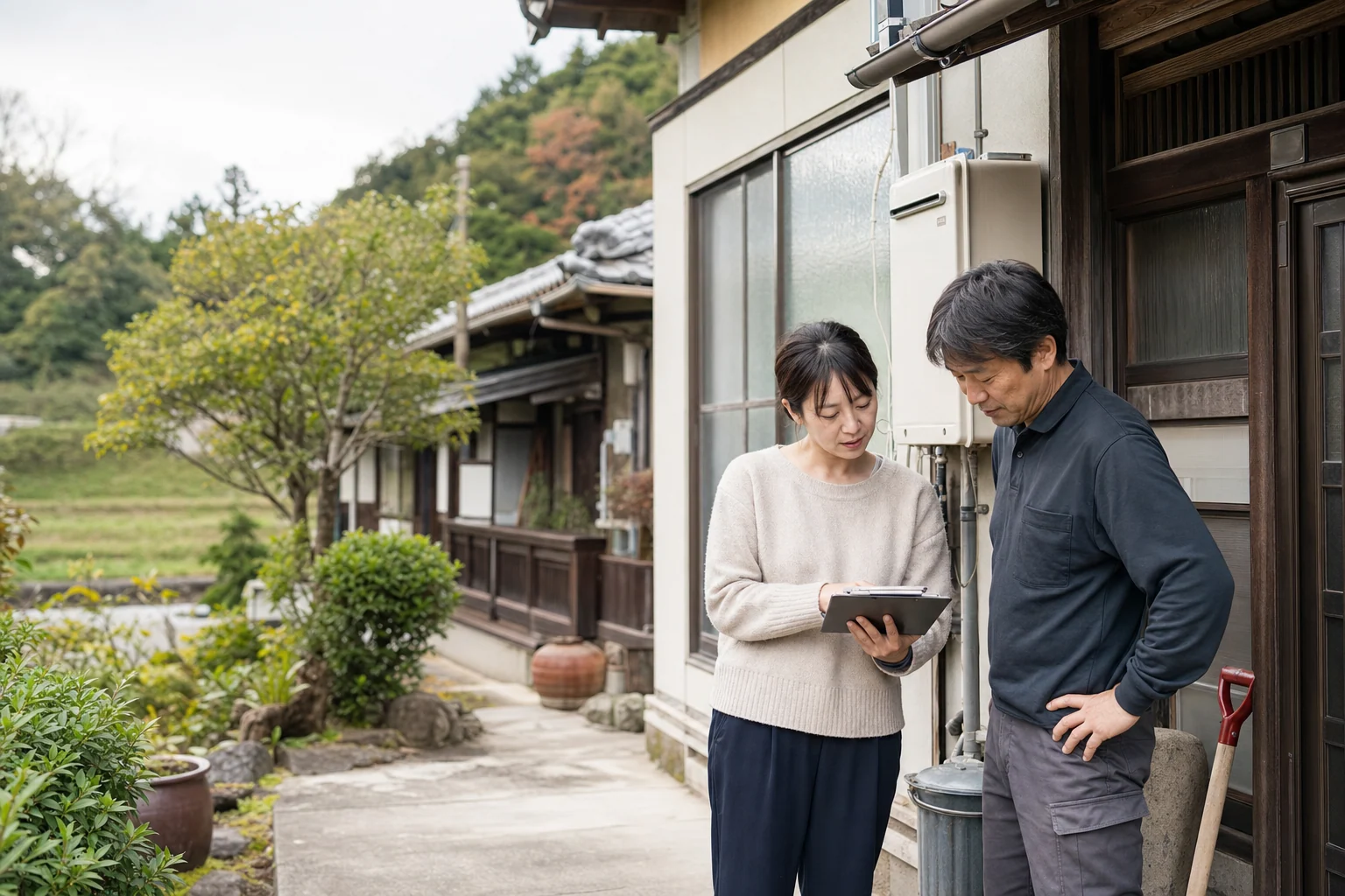 A local Steward coordinating work with a tradesperson beside a Japanese home