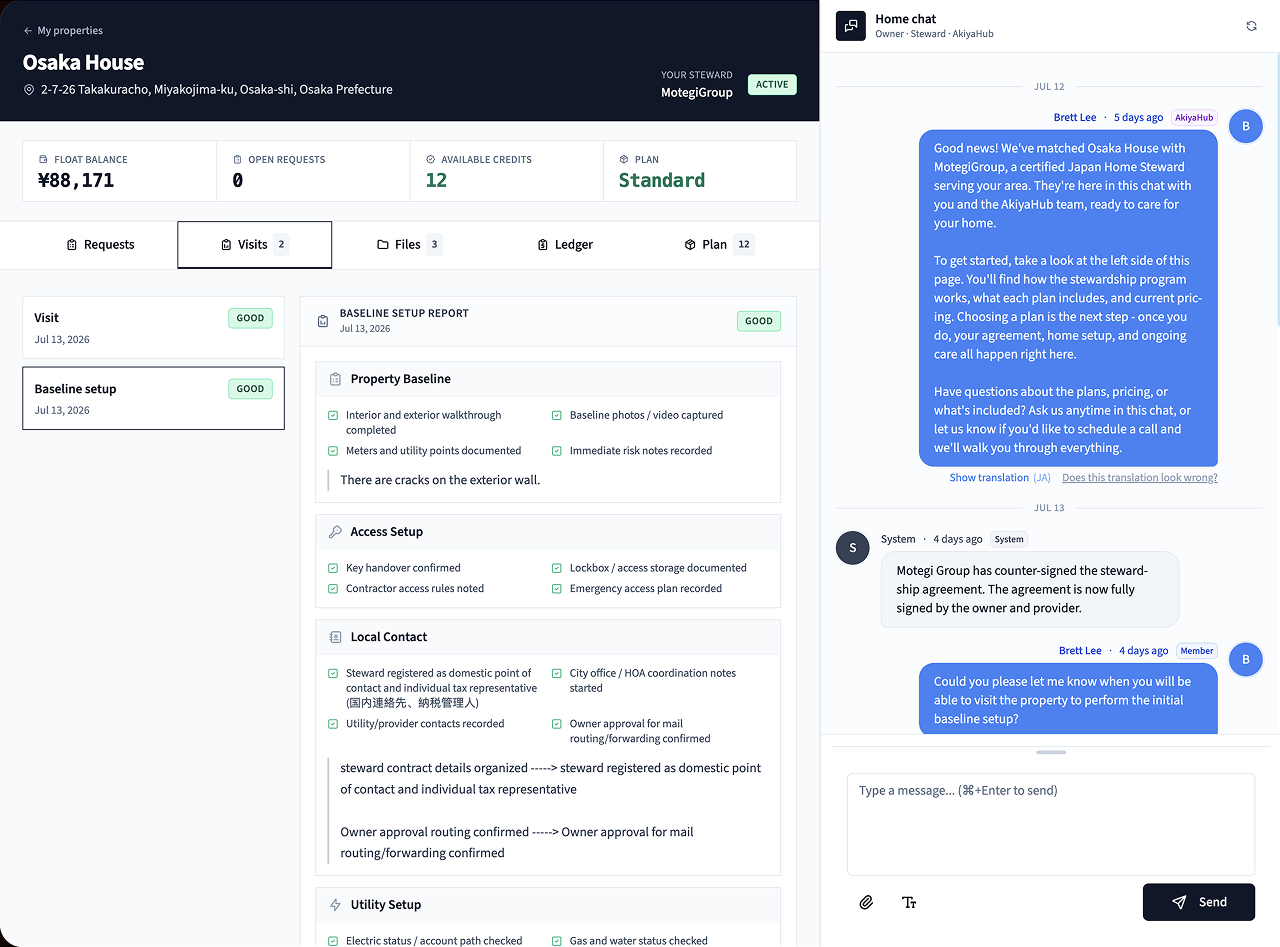 A glimpse of the AkiyaHub Steward Dashboard with the property overview and shared Home chat