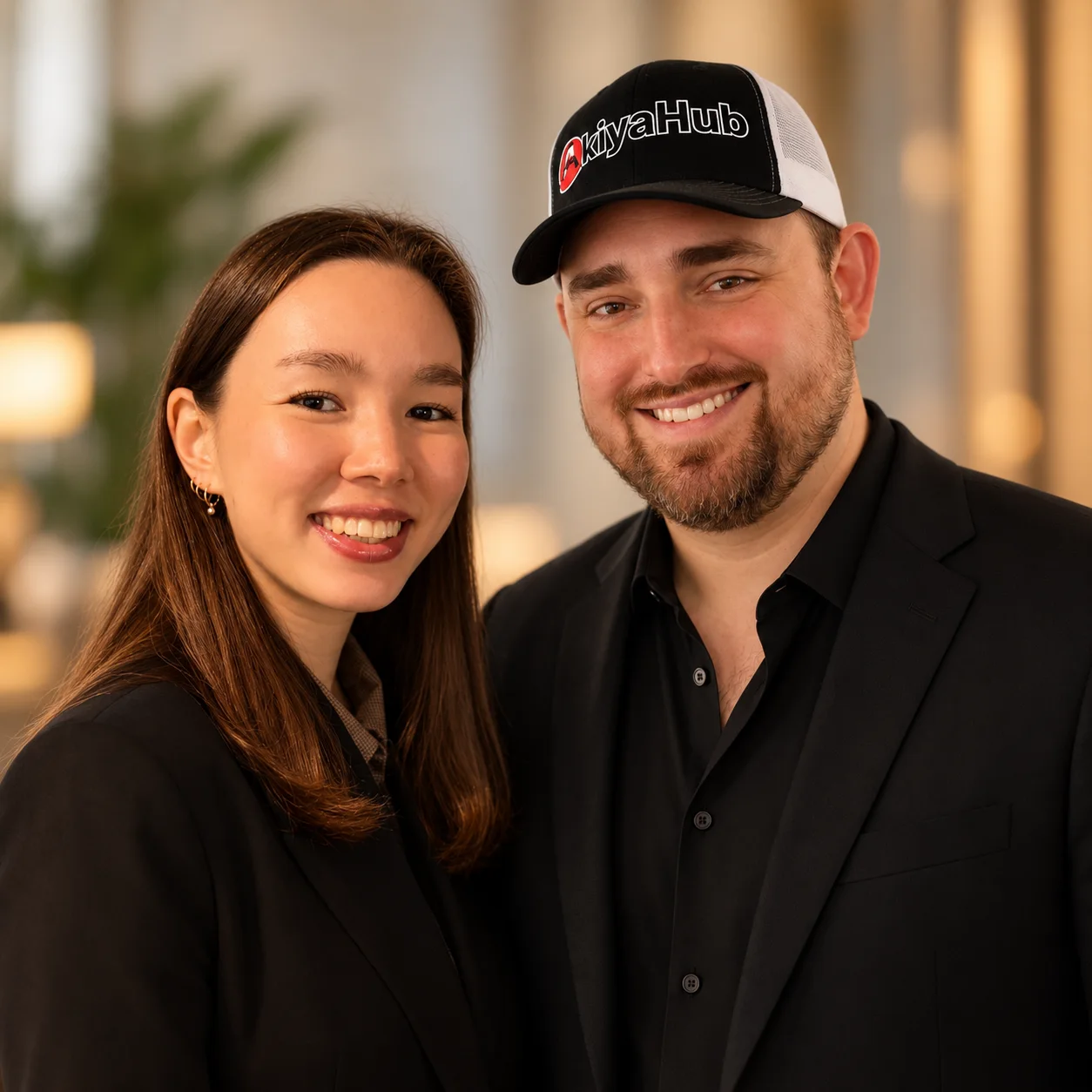 Emily Kuno and Brett Lee of AkiyaHub, smiling, dressed in black, Brett in an AkiyaHub cap