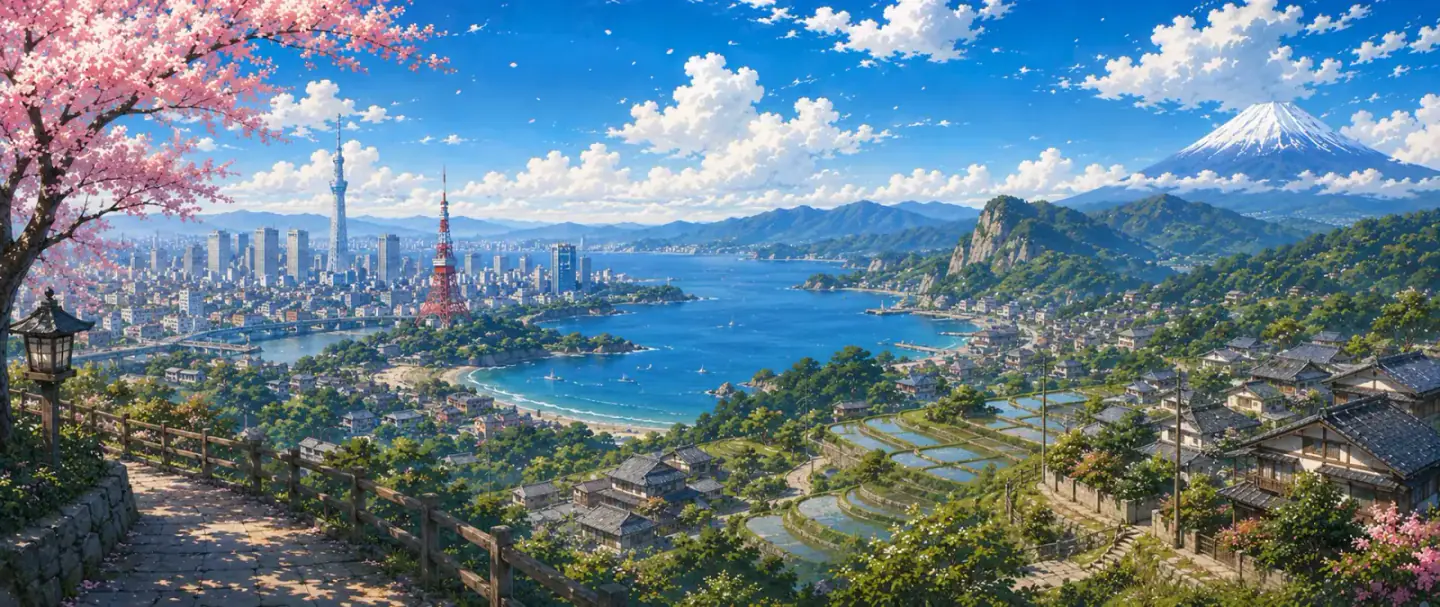 Iconic Japan vista with Mount Fuji, Tokyo Tower, bay, and village