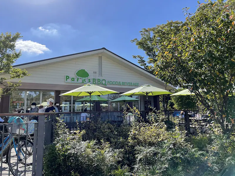 Cafe terrace with green umbrellas at Toneri Park